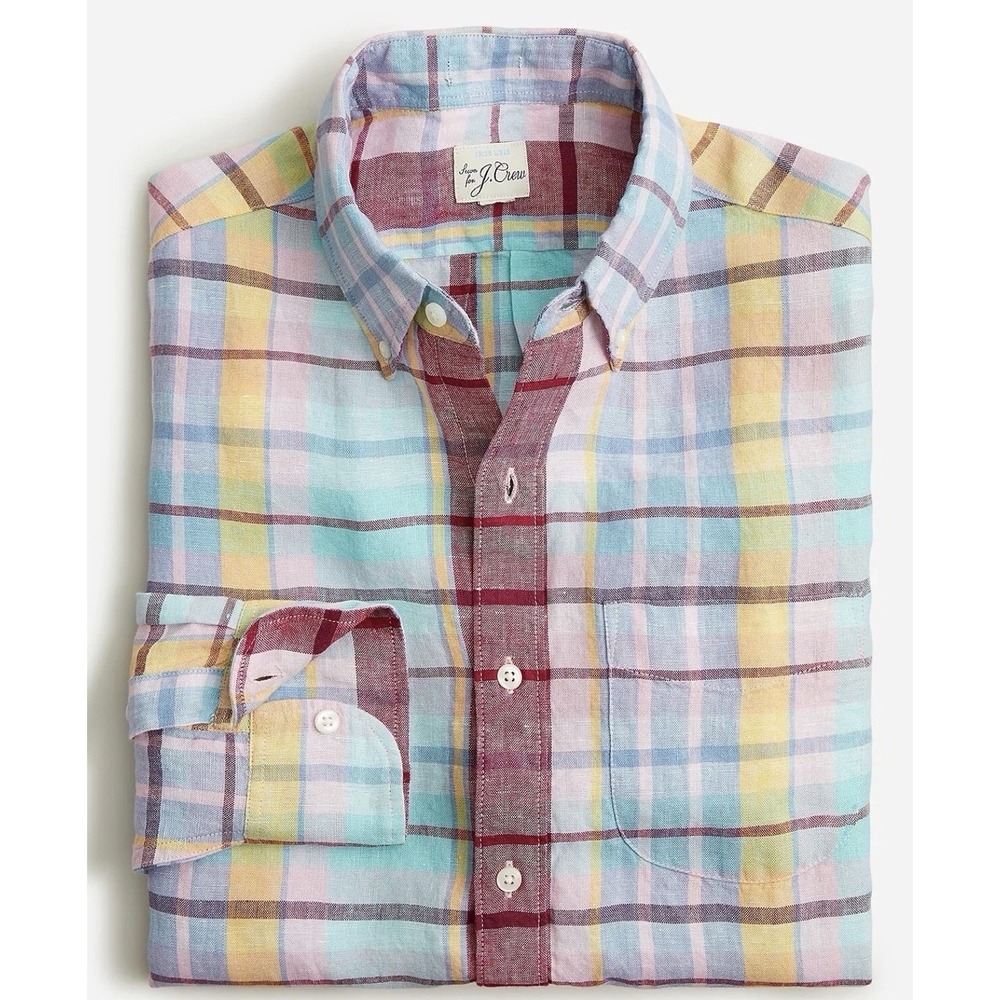 J. CREW Men's 100% Premium Irish Linen Classic Fit Plaid‎ L/S Shirt XL Multi